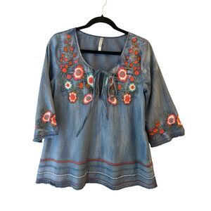 Monoreno Floral Embroidered Boho Chambray blouse S cottagecore hippie